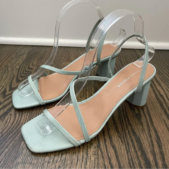 Marc Fisher Aliana Light Green Lizard-Embossed Strappy High Heel Sandals size 8 - Picture 6 of 9